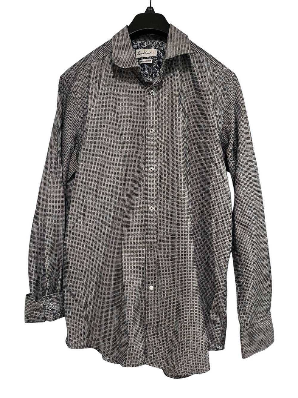 Robert Graham Tailored X Button Front Shirt Cotton Long Sleeve Black White Sz 17